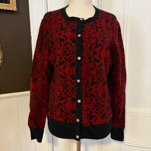 Vintage 100% Cashmere Jacquard Cardigan, dark red and black, size small, EUC